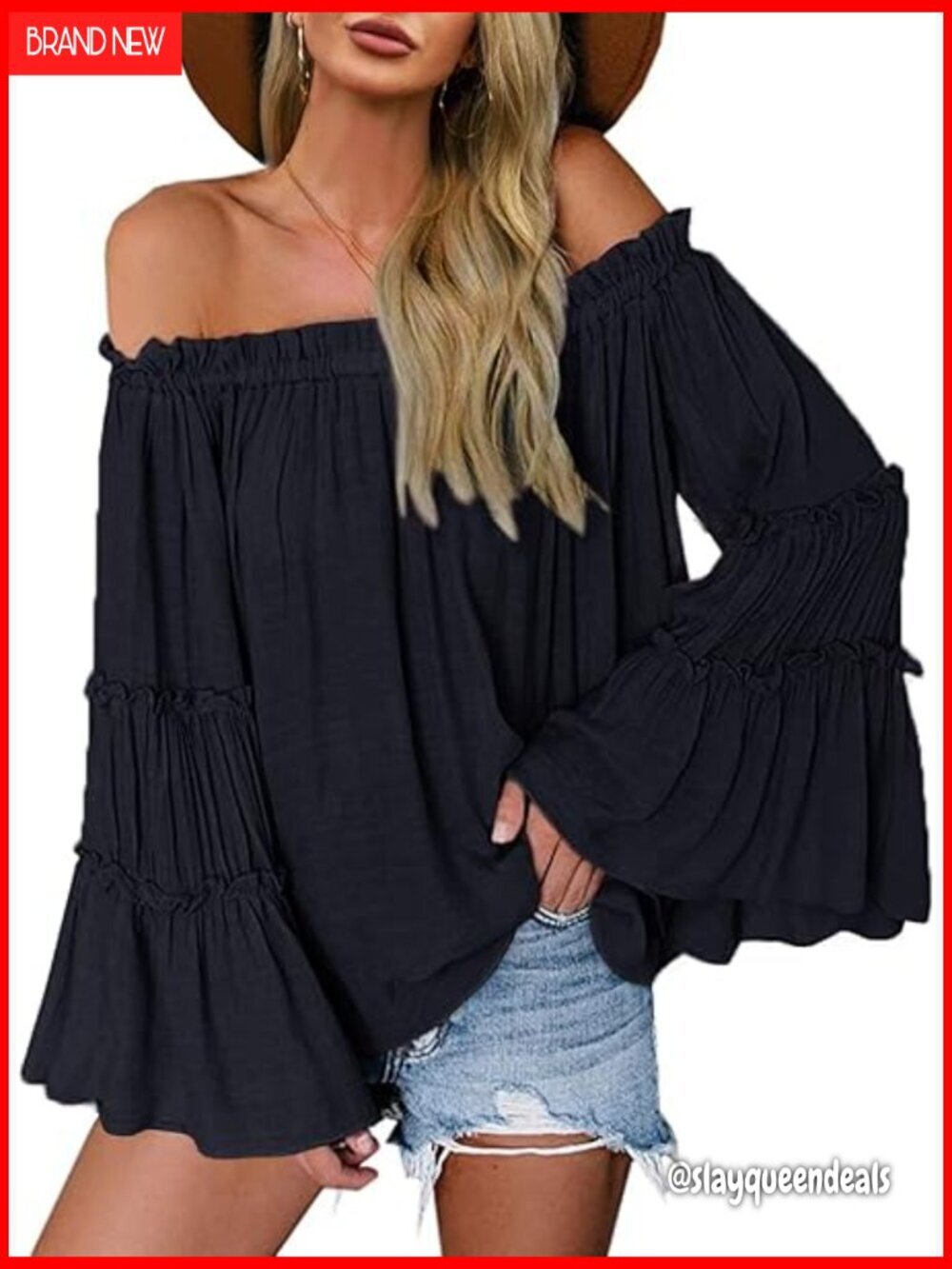 Off Shoulder Bell Sleeve Blouse Loose Fit Casual Top Long Sleeve